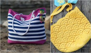 Two beach bags: on the left, a pink and white striped design with rope handles and sunglasses; on the right, a stunning yellow crochet bag featuring circular patterns. Perfect for sunny beach days, explore these free patterns to create your own stylish accessories.