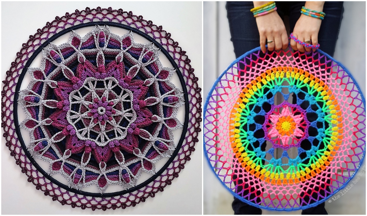 Two crochet mandalas: one with intricate purple, pink, and gray patterns; the other with a colorful rainbow design, held by a person wearing bracelets.