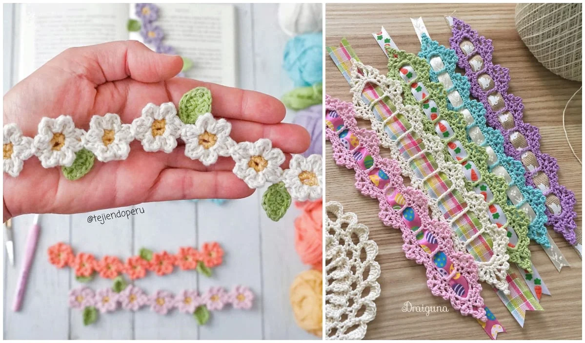 A hand holds a crocheted floral bracelet, while beside it lie various colorful crocheted bracelets with ribbon details on the table. A delicate crochet bookmark peeks from underneath, adding charm to the vibrant display.