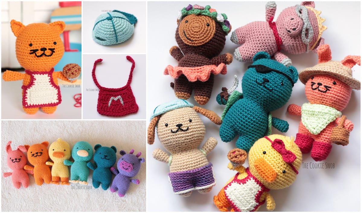 Explore our delightful collection of crocheted animal toys, featuring a cat, pig, bear, and duck. With fun accessories like a bib and cap in vibrant styles, these charming creations bring Dress Up Crochet to life. Perfect for fans of Animal Crochet Patterns looking for playful inspiration.