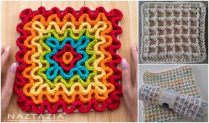 Explore our textured crochet collection: a multicolored ripple-patterned square, a neutral-toned lattice-style square, and a white placemat roll with colorful speckles. Perfect for creating unique washcloths or dishcloths, find inspiration in these free crochet patterns.