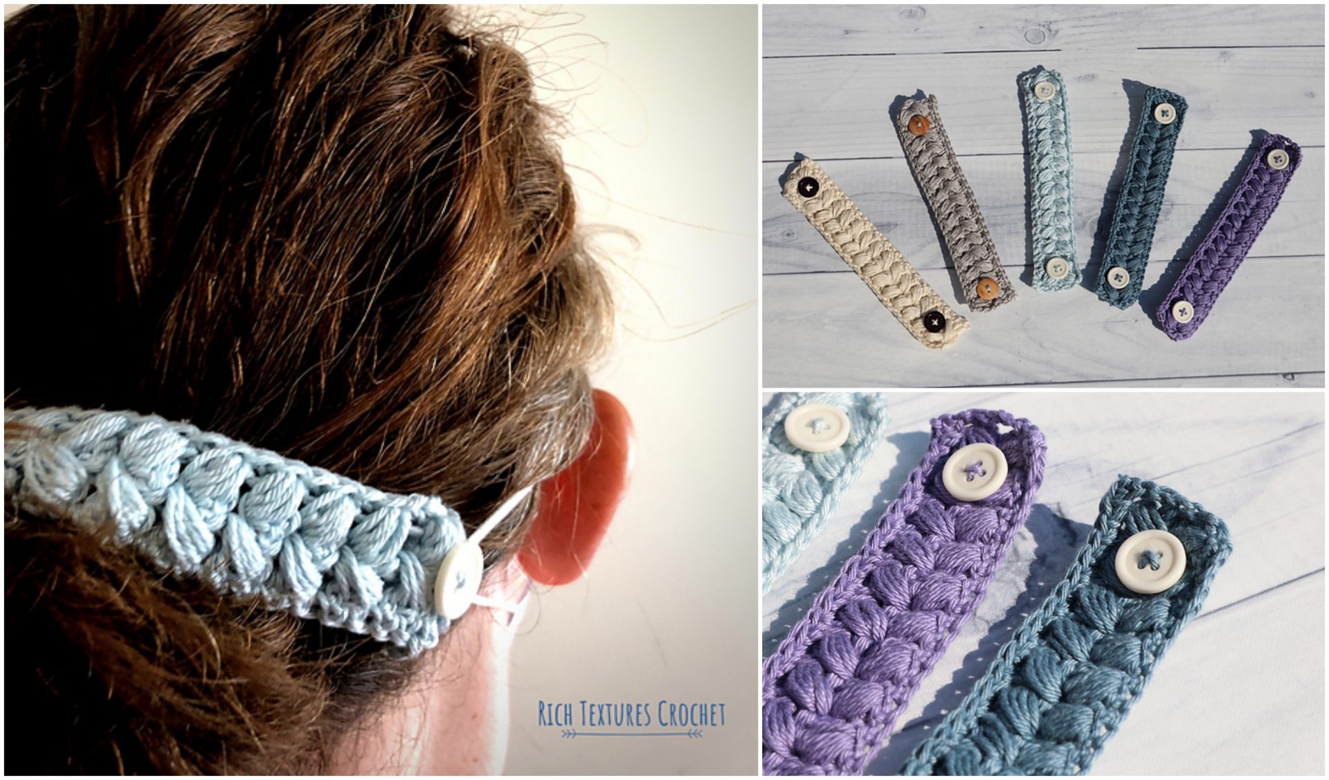 A crocheted ear saver headband, perfect for mask mates, is worn on a person's head. The close-up showcases five different colored bands with buttons displayed on the side, offering both style and comfort.