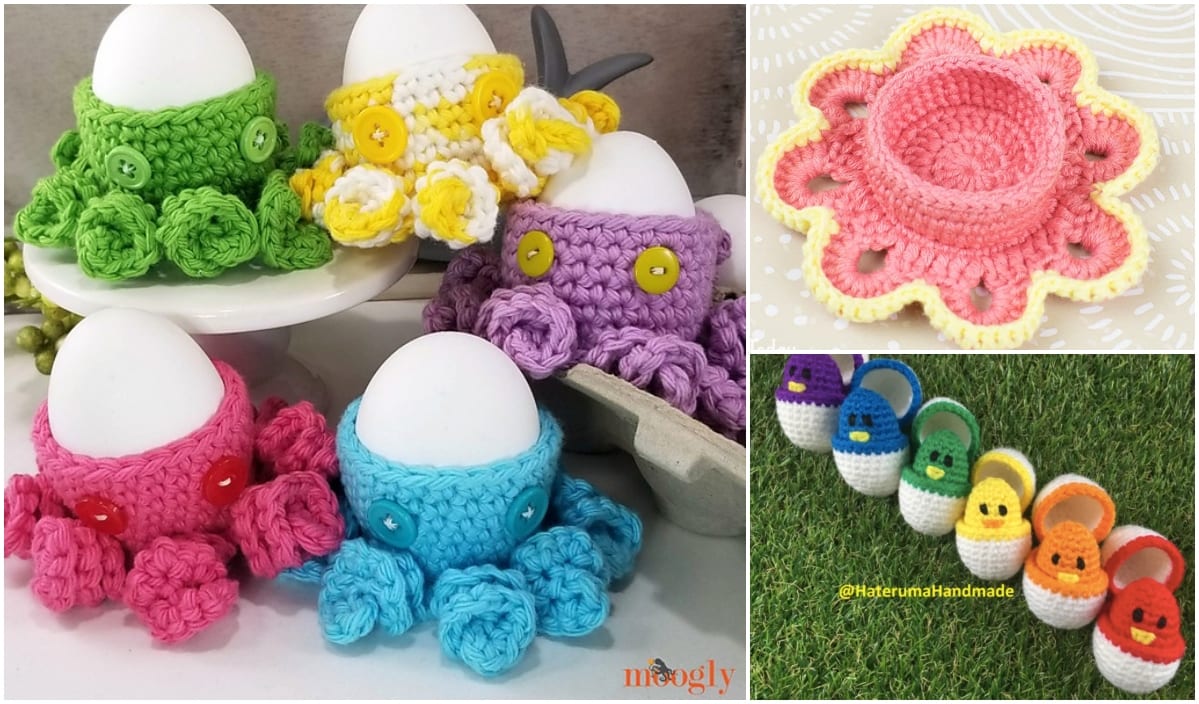 Crocheted egg cozies in various colors and styles, featuring button details and floral designs, are displayed with eggs arranged in a line on the grass. Perfect for enthusiasts looking for free crochet patterns to enhance their collection.