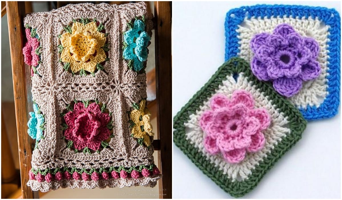 A crochet blanket draped over a chair and two crochet squares featuring floral patterns in various colors showcase the charm of free crochet patterns, adding a touch of artistry to any space.