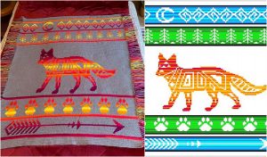 Knitted blanket depicting a fox with geometric patterns, alongside designs of trees, paw prints, arrows, and celestial symbols. Perfect for those who appreciate sampler afghan style.