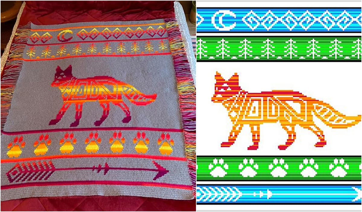 Knitted blanket depicting a fox with geometric patterns, alongside designs of trees, paw prints, arrows, and celestial symbols. Perfect for those who appreciate sampler afghan style.