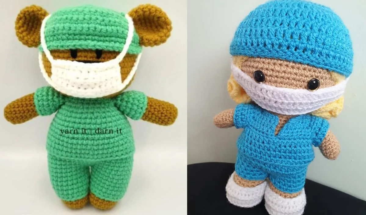 Crocheted softies featuring a bear and doll, both in scrubs and facemasks—one decked out in green, the other in blue.