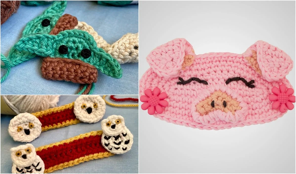 Crocheted treasures include green and beige figures with black eyes, white bands featuring owl faces, and a pink pig face complete with eyes, snout, and ears. Each piece is adorned with pink flowers. Explore free crochet patterns to create your own mask helper or charming critter.