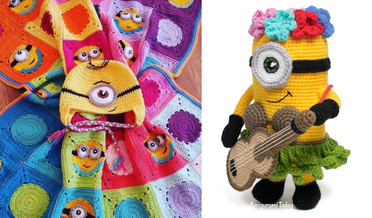 Colorful crocheted items featuring a Minion-inspired yellow character; a blanket with face designs and a crocheted figure wearing a skirt and holding a guitar, perfect for fans looking to explore free patterns.