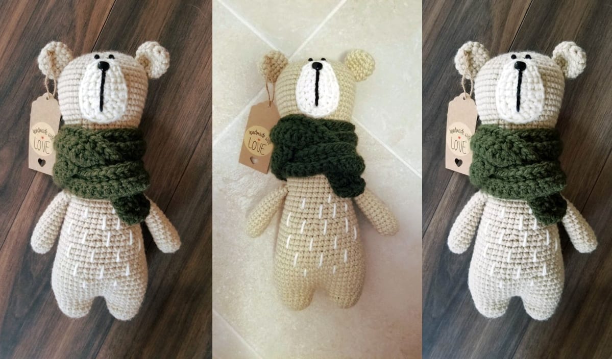 A cute crocheted teddy bear, sporting a dark green scarf and a tag labeled "Loïe" on its ear, is displayed against various backgrounds. Check out free crochet patterns to create your own adorable companion.