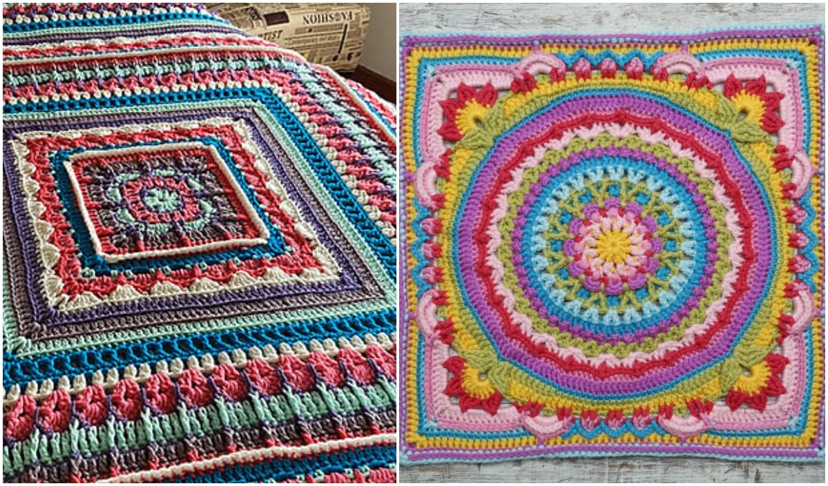 Two oversized crochet blankets are displayed side by side, each featuring intricate square patterns. A harmonious blend of bright colors like blue, pink, yellow, and green brings them to life. Explore free crochet patterns to create your own vibrant masterpiece.