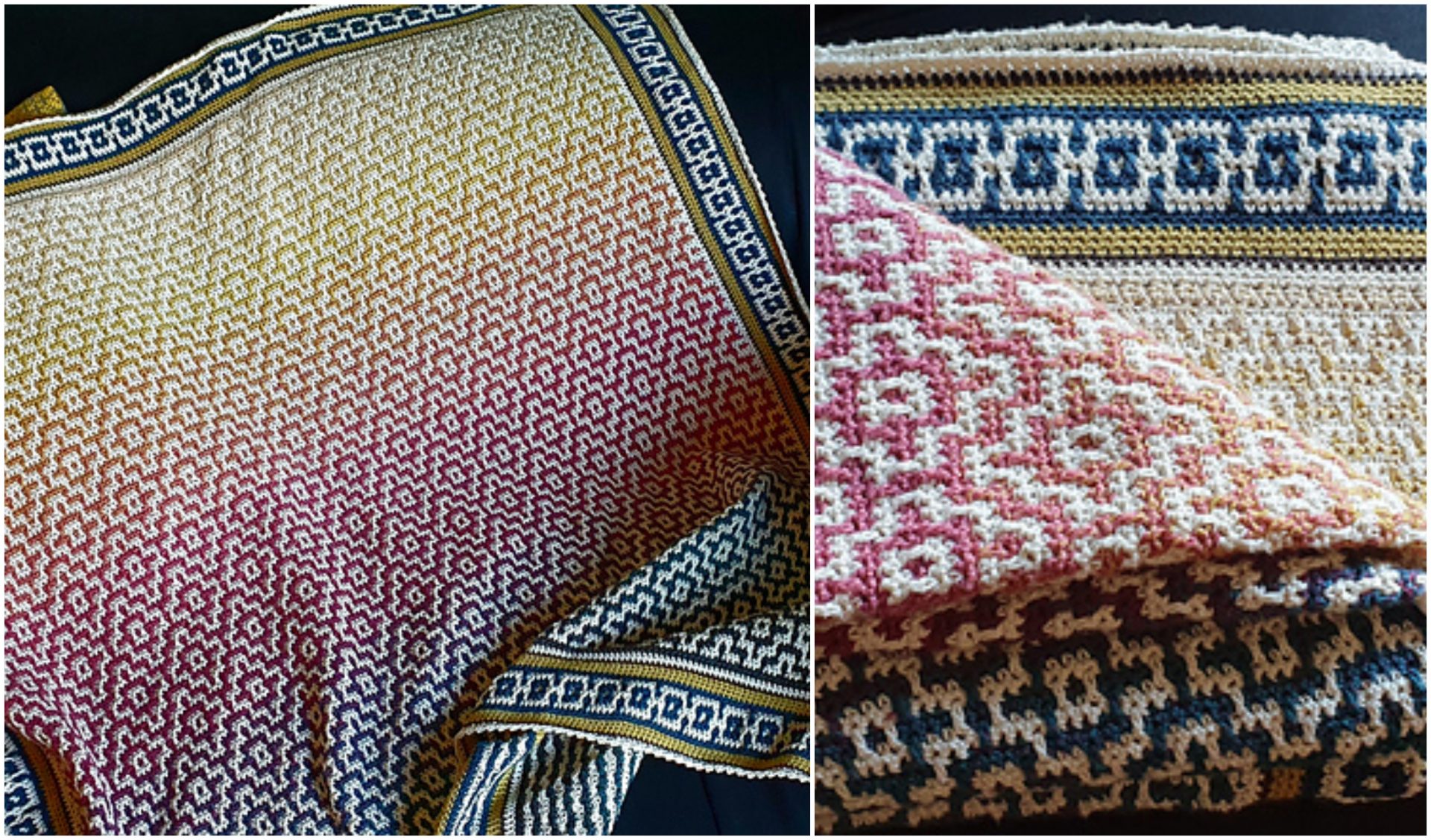 Two blankets with intricate geometric patterns. The left blanket has a gradient of gold to burgundy, reminiscent of ear savers. The right image is a close-up of blue, white, and pink designs that weave together like mask mates in an artful display.