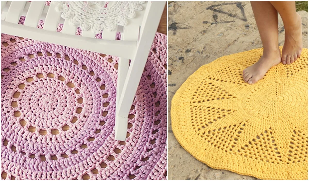 Two crochet rugs grace the scene: a pink circular one sits under a white chair on the left, perfect as a nursery rug, while on the right, a yellow sunburst-patterned rug brightens up the stone floor. Accessorize your space with charm and explore free patterns to create your own masterpiece.