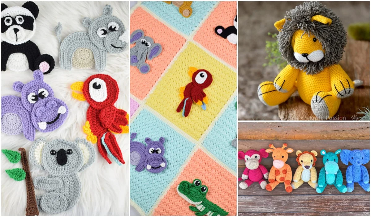 Explore various crochet animal toys, from a majestic lion to a cuddly koala and an adorable hippo, beautifully crafted with safari jungle-themed crochet patterns. These delightful creations are perfect for any setting and style.