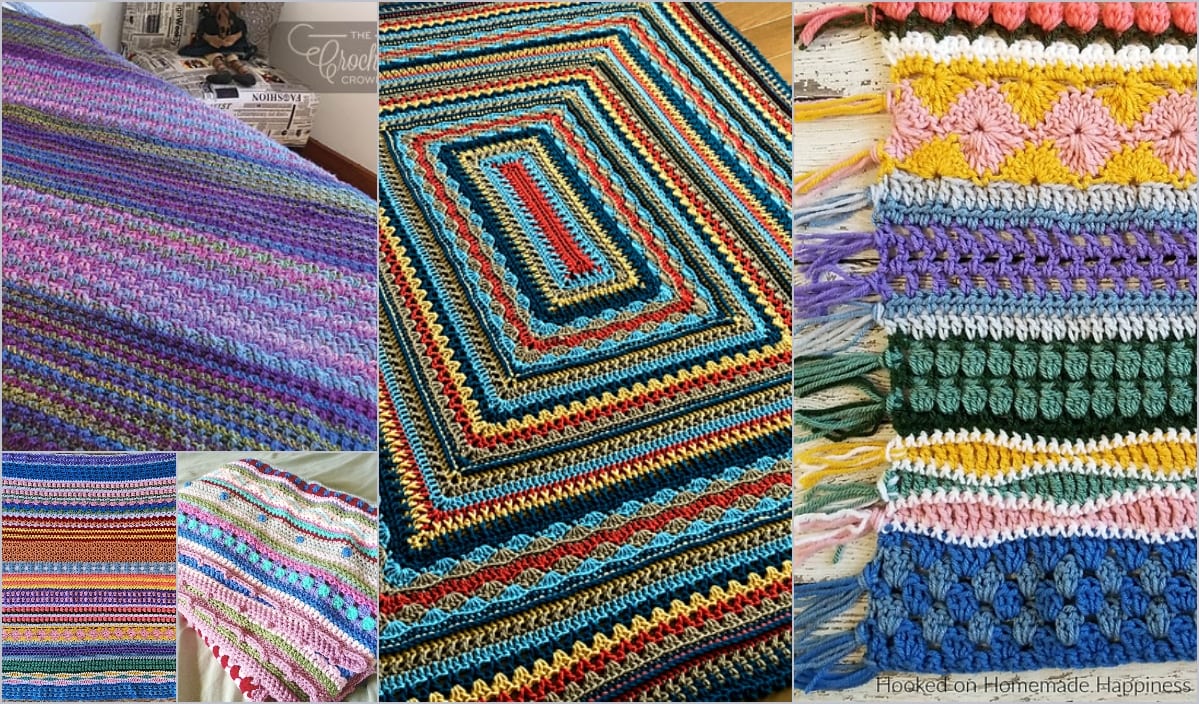 A vibrant collage of crochet projects showcases an array of colorful patterns and textures, including intricate stitch designs on blankets and swatches. This gallery features a striking Sampler Afghan, all crafted from free crochet patterns.