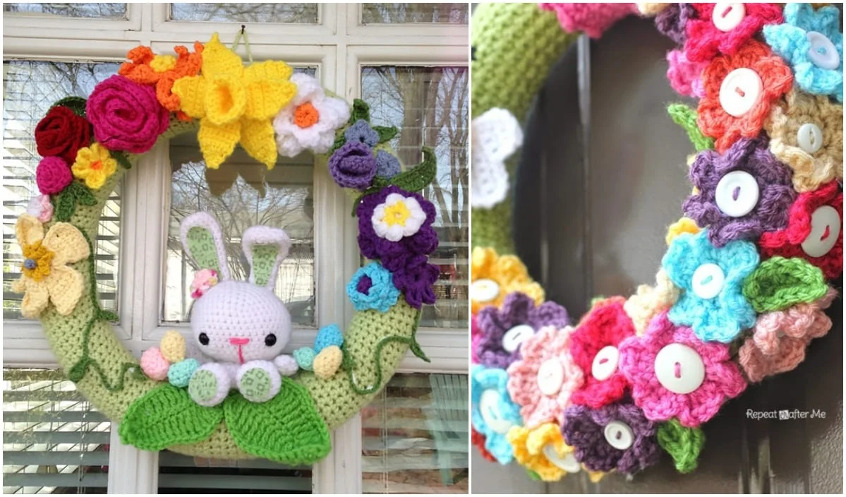 Discover a charming spring wreath adorned with colorful crocheted flowers, a white bunny, and large buttons. Perfect for adding a touch of whimsy, find inspiration in free crochet patterns to make your own delightful creation.