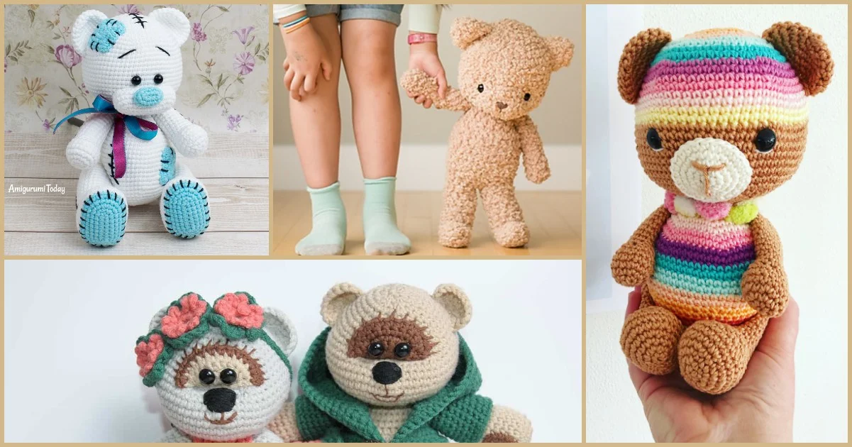 A collage of crocheted amigurumi bears, showcasing colorful and varied designs, alongside a pair of child's legs in socks next to one bear.