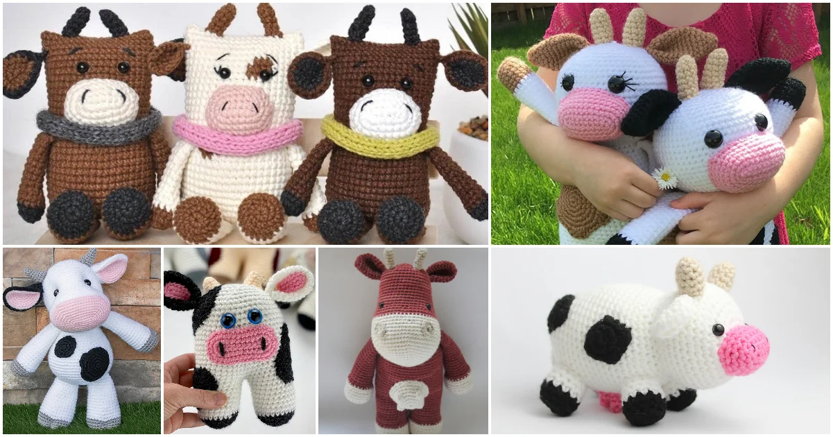 A collage of crocheted cow toys, featuring amigurumi designs in a vibrant array of colors.