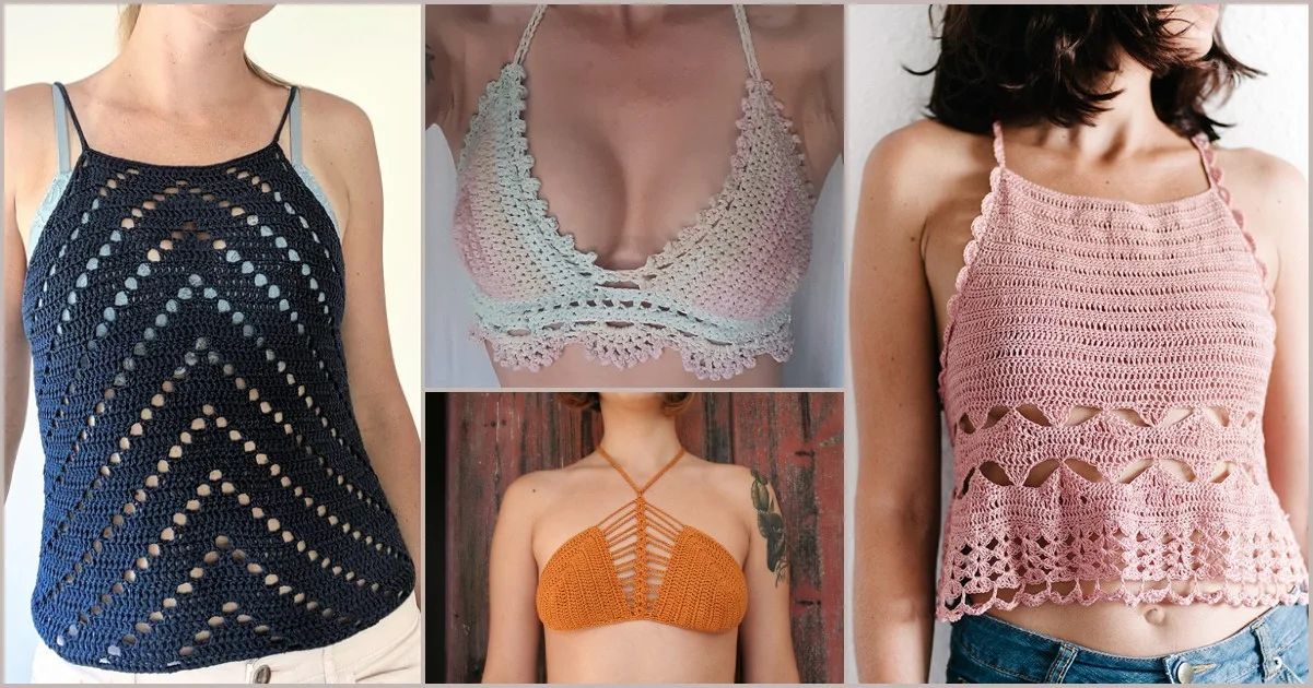 A vibrant collage of four crochet summer tops, each with unique colors and styles, elegantly worn by women.