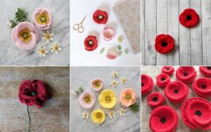 A vibrant display of knitted and crocheted flowers, featuring standout crochet poppies and cheerful daisies, artfully arranged on diverse backgrounds with an array of crafting materials in view.