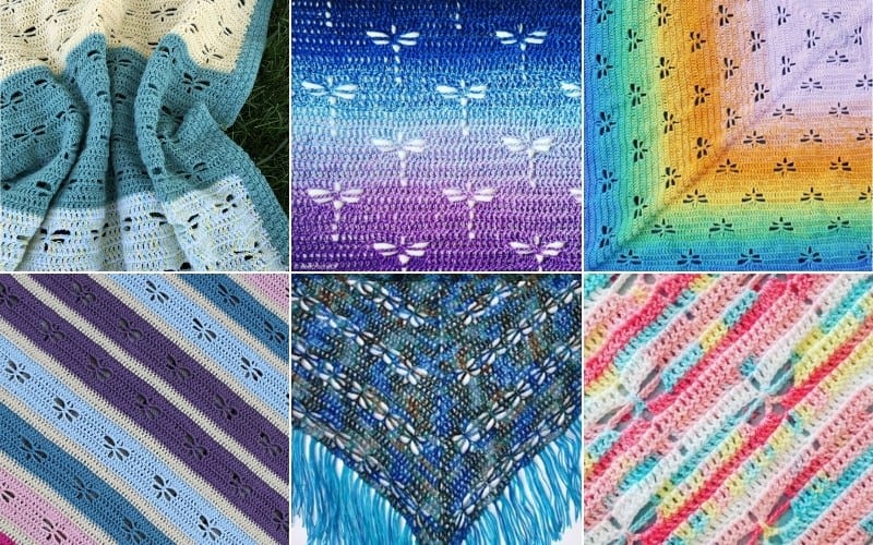 A collage of six colorful crocheted blanket patterns, featuring the Dragonfly Stitch with stripes, gradient dragonflies, and geometric designs in various hues. Perfect for crochet projects that bring vibrant charm to any room.