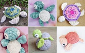 A fantastic collage of six amigurumi turtle toys, each boasting unique colors and designs, set against diverse backgrounds.