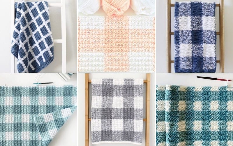 A collage of six crochet blankets in gingham patterns showcases diverse color combinations such as blue, peach, green, and gray. Displayed on racks and flat surfaces, these projects highlight the art of crochet craftsmanship.