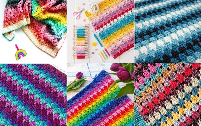 A collage of six crochet blankets showcases vibrant patterns and colors, offering fresh blanket ideas. Accompanied by yarn spools, flowers, and hints of larksfoot stitch designs.