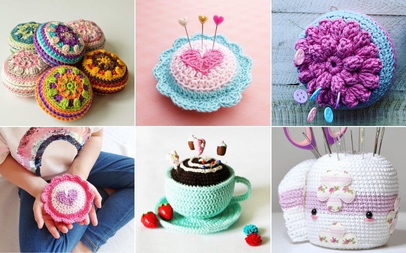 A collage of crochet pin cushions showcases vibrant patterns, with designs like flowers, a teacup, and an elephant. A child holds a circular cushion in one section, adding charm to the crochet pincushions collection.