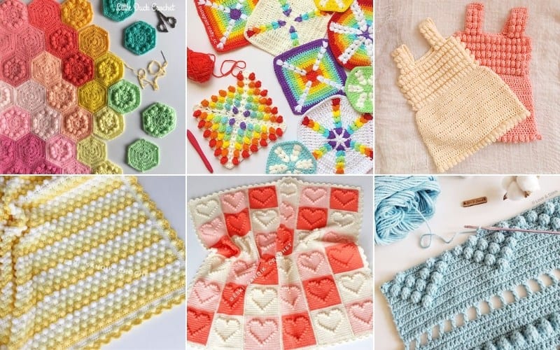 A collage of crochet projects showcases hexagons, squares, dresses, striped fabric, and a blue textured piece. The highlight is a heart-patterned blanket elegantly crafted using the popcorn stitch, with yarn and hooks artfully displayed alongside.