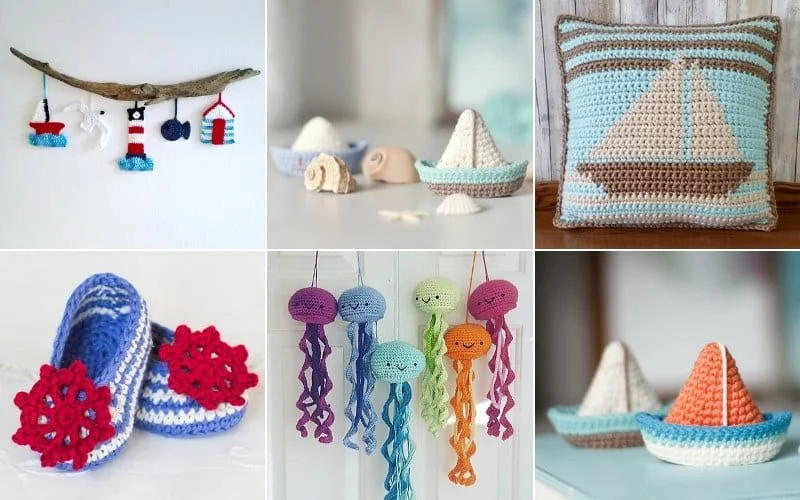 A collage of crochet baby accessories: a nautical mobile, sea-themed sailboat pillow, slippers with red wheels, colorful jellyfish decor, and two small crocheted sailboats.