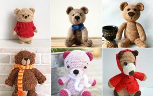 A collage of six crochet bears, each uniquely styled with different colored clothing and accessories.