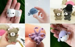Collage of six charming amigurumi crochet toys, featuring a whale, bears with bows, a toilet paper roll, an octopus, a bear, and a penguin keychain. Discover the joy of crafting with these delightful creations using free patterns.
