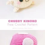 Crocheted mushroom with a pink cap and white spots, featuring a cute face and small limbs. The text reads 
