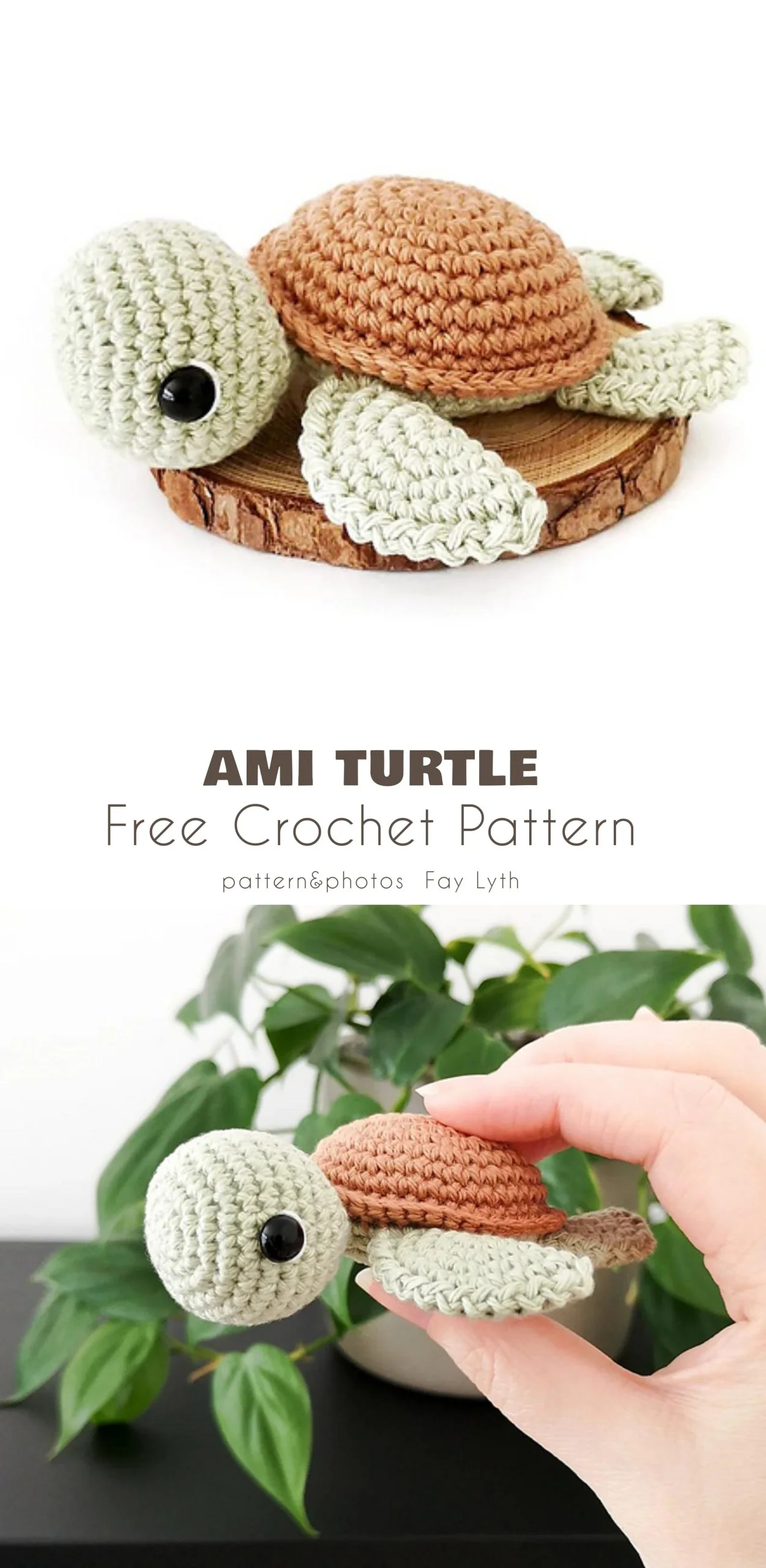Two photos of a small amigurumi turtle with a brown shell and green limbs; one shows it on a wooden slice, the other being held in a hand near green plants—a charming nod to sea turtles in crochet form.
