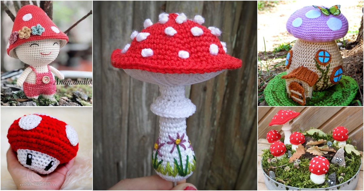 Collage of various crocheted mushrooms and fungi-themed crafts, including a small house, toys, and decorative pieces, inspired by mushroom free crochet patterns.