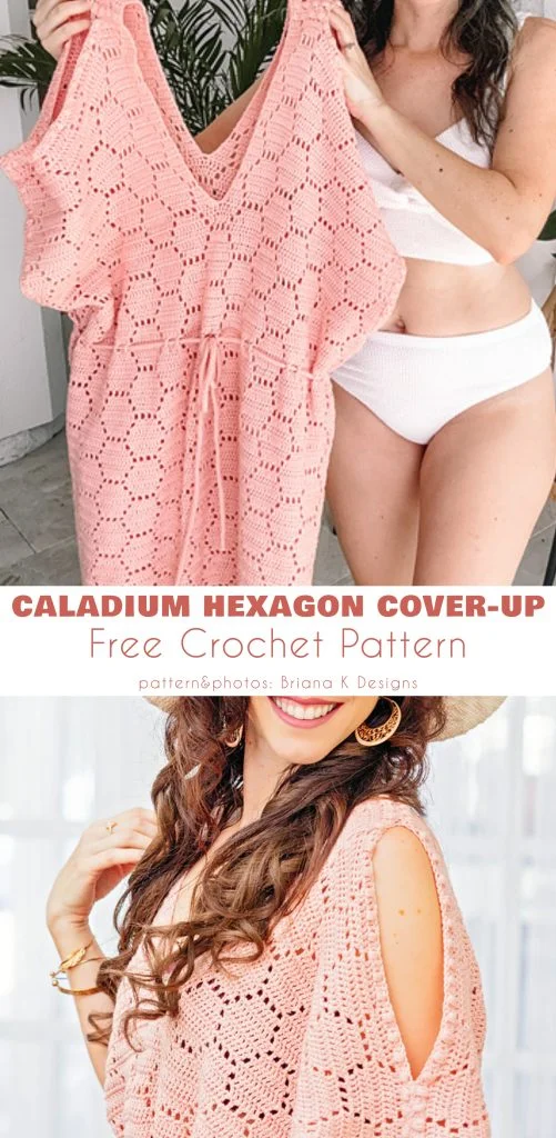 A woman wears and holds a pink crochet hexagon beach tunic dress; text reads "Caladium Hexagon Cover-Up, Free Crochet Pattern.