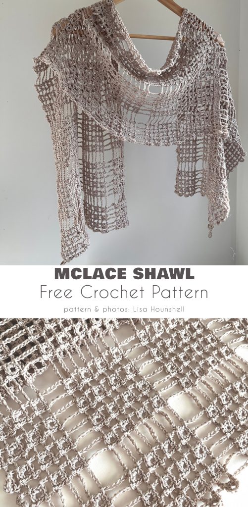 A light brown lace crochet shawl hangs on a wooden hanger, displayed with close-up detail of its open weave pattern. Text reads: "MCLACE SHAWL Free Crochet Pattern—perfect to upgrade your outfit with elegant lacy summer shawls.