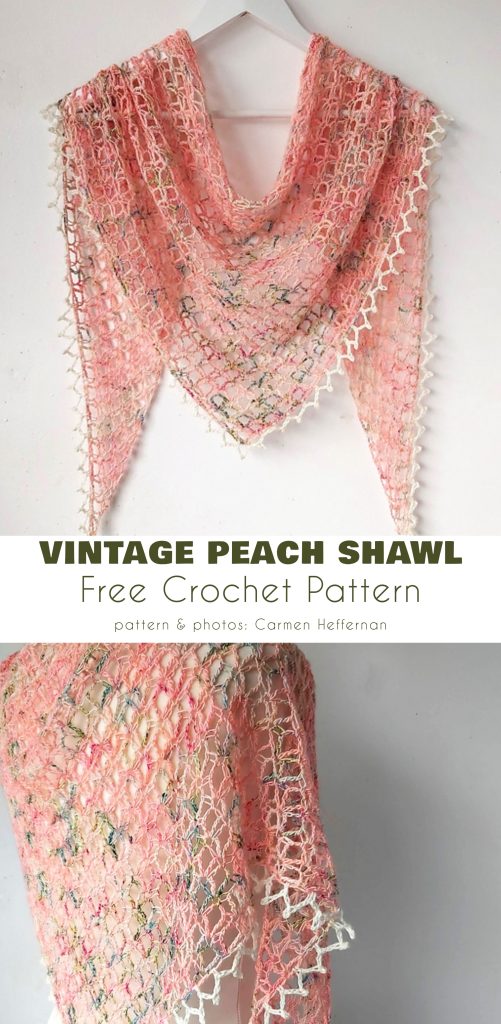 A peach-colored crocheted shawl with a delicate lace pattern and scalloped edge, perfect as an outfit upgrade. Displayed on a mannequin, this lacy summer shawl features a text overlay: "Vintage Peach Shawl Free Crochet Pattern.