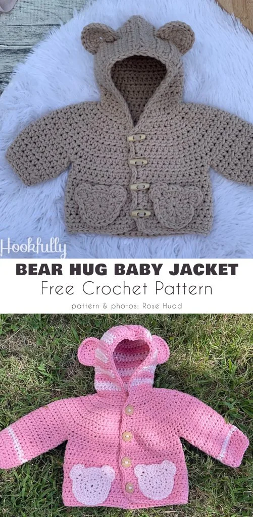 Two crochet baby jackets with bear ears and bear-shaped pockets, one brown and one pink, both with buttons down the front, are displayed on grass and a wooden surface.