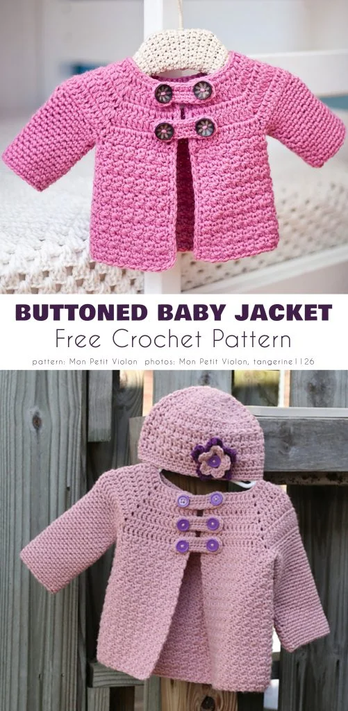 Two handmade crochet baby jackets in shades of pink, each adorned with decorative buttons, are displayed on hangers in different settings. Text reads: "Buttoned Baby Jacket Free Crochet Pattern.