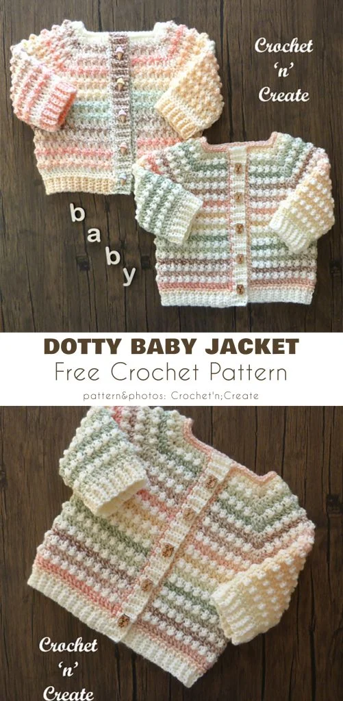 Two handmade crochet baby jackets in pastel colors are displayed on a wooden surface, with text advertising a free crochet baby jacket pattern for the Dotty Baby Jacket.
