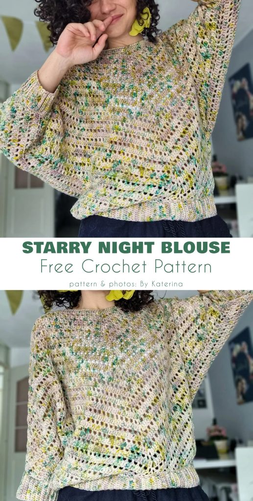 A person wearing a loose, multicolored crochet summer sweater with wide sleeves; text reads "STARRY NIGHT BLOUSE Free Crochet Pattern pattern & photos: by Katerina.