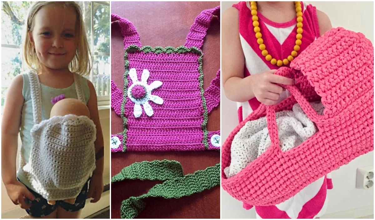 Children proudly showcase their handmade crochet creations, featuring a charming doll carrier, a vibrant decorative panel, and a delightful pink basket, all inspired by free crochet patterns.