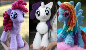 Discover our charming trio of handmade crocheted pony toys, featuring a pink pony with curly hair, a white one with a purple mane, and a blue one with rainbow hair and wings. These enchanting designs are inspired by My Little Pony crochet patterns.