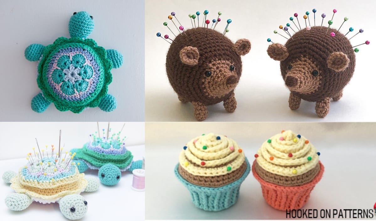 Crocheted pin cushions: a turtle, two hedgehogs, and two cupcakes adorned with colorful pins. Explore the joy of crafting with these free crochet patterns to create your own charming pincushions.