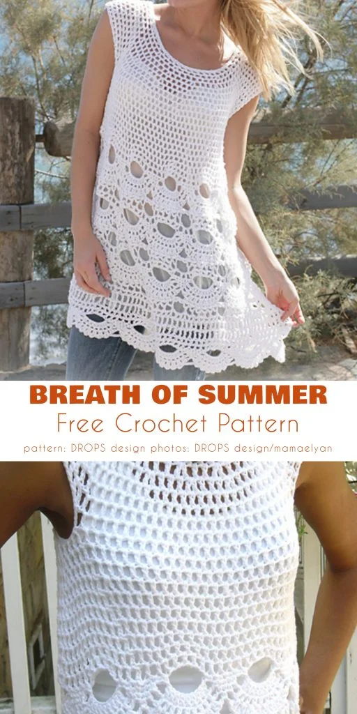 A woman models a white, sleeveless crochet beach tunic with openwork patterns; text reads "Breath of Summer, Free Crochet Pattern.