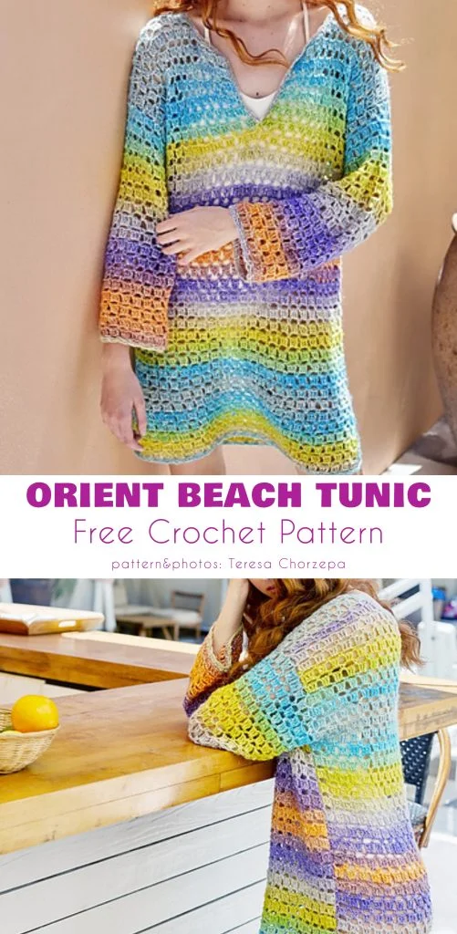 A woman models a loose, long-sleeve crochet beach tunic in gradient pastel colors, standing indoors by a table and a window.