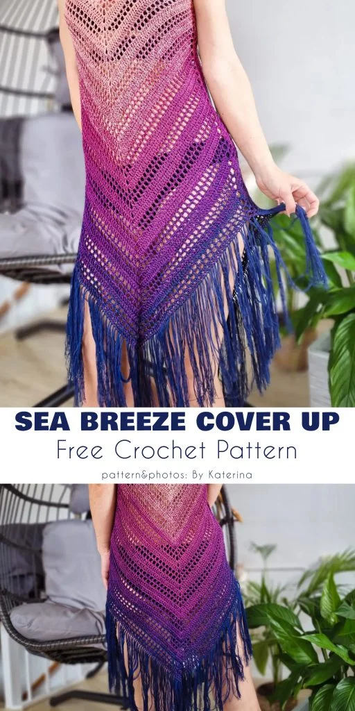A person models a purple and blue crochet beach tunic cover-up with fringe, standing indoors near plants and a chair. Text reads: "Sea Breeze Cover Up Free Crochet Pattern.