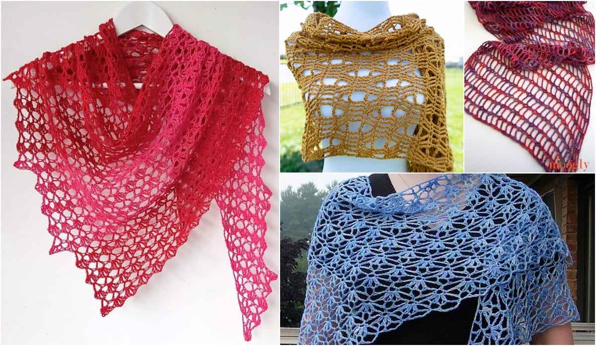 Collage of four lacy summer shawls in red, orange, and blue, showcasing intricate crochet patterns on mannequins and hangers.